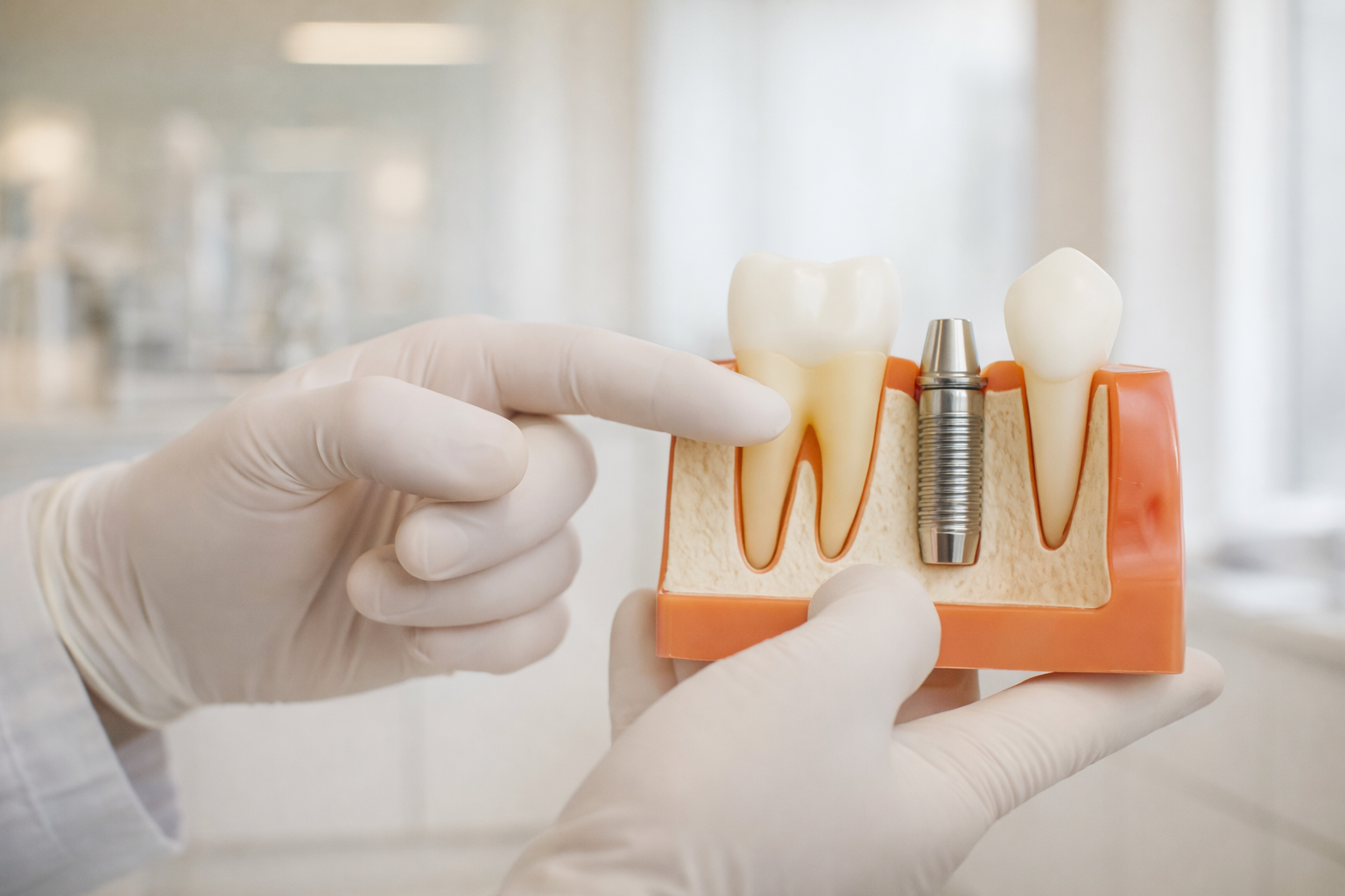 Modelo anatômico mostrando implante dentário na clínica Gemola em Joinville - SC