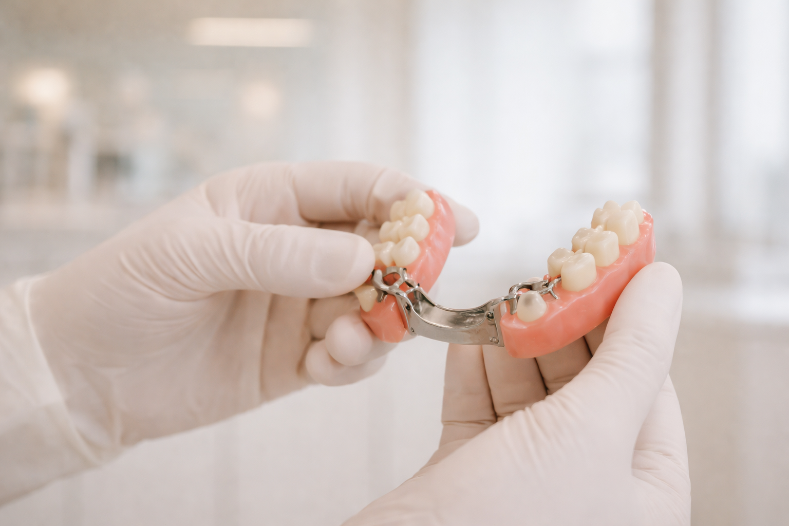 Próteses dentárias em Joinville SC com dentista segurando prótese removível